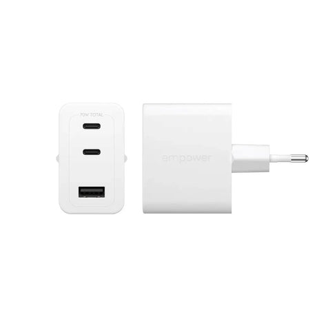 empower by PanzerGlass Turbo 70W Väggladdare m. 1x USB-A & 2x USB-C - Silver White