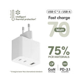 empower by PanzerGlass Turbo 70W Väggladdare m. 1x USB-A & 2x USB-C - Silver White