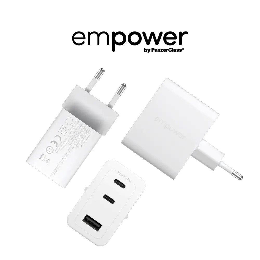 empower by PanzerGlass Turbo 70W Väggladdare m. 1x USB-A & 2x USB-C - Silver White