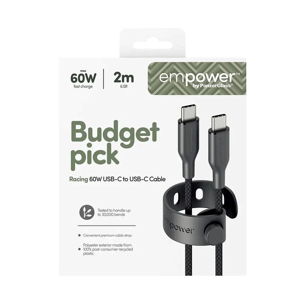 empower by PanzerGlass Racing 60W USB-C till USB-C Kabel – 2m – Space Black