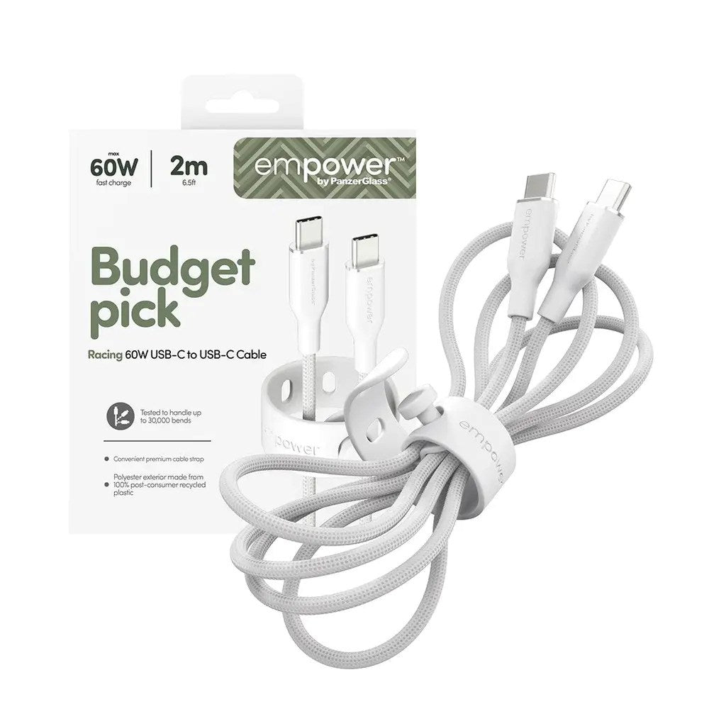 empower by PanzerGlass Racing 60W USB-C till USB-C Kabel – 2m – Silver White