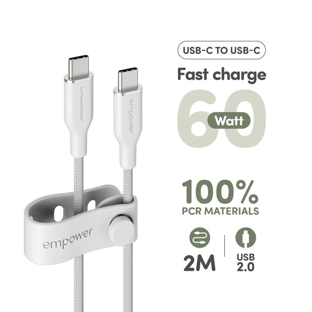 empower by PanzerGlass Racing 60W USB-C till USB-C Kabel – 2m – Silver White