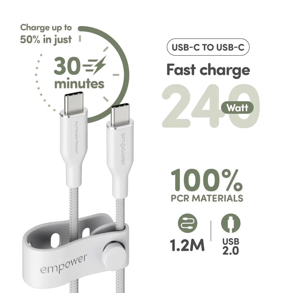 empower by PanzerGlass Racing 240W USB-C till USB-C Kabel – 1.2m – Silver White