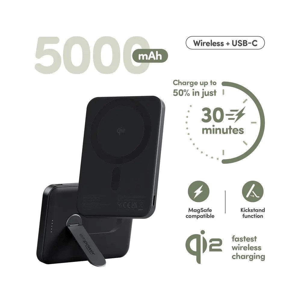 empower by PanzerGlass empower Bank m. Spin Stand - 5000 mAh - Qi2 / MagSafe Kompatibel - Space Black