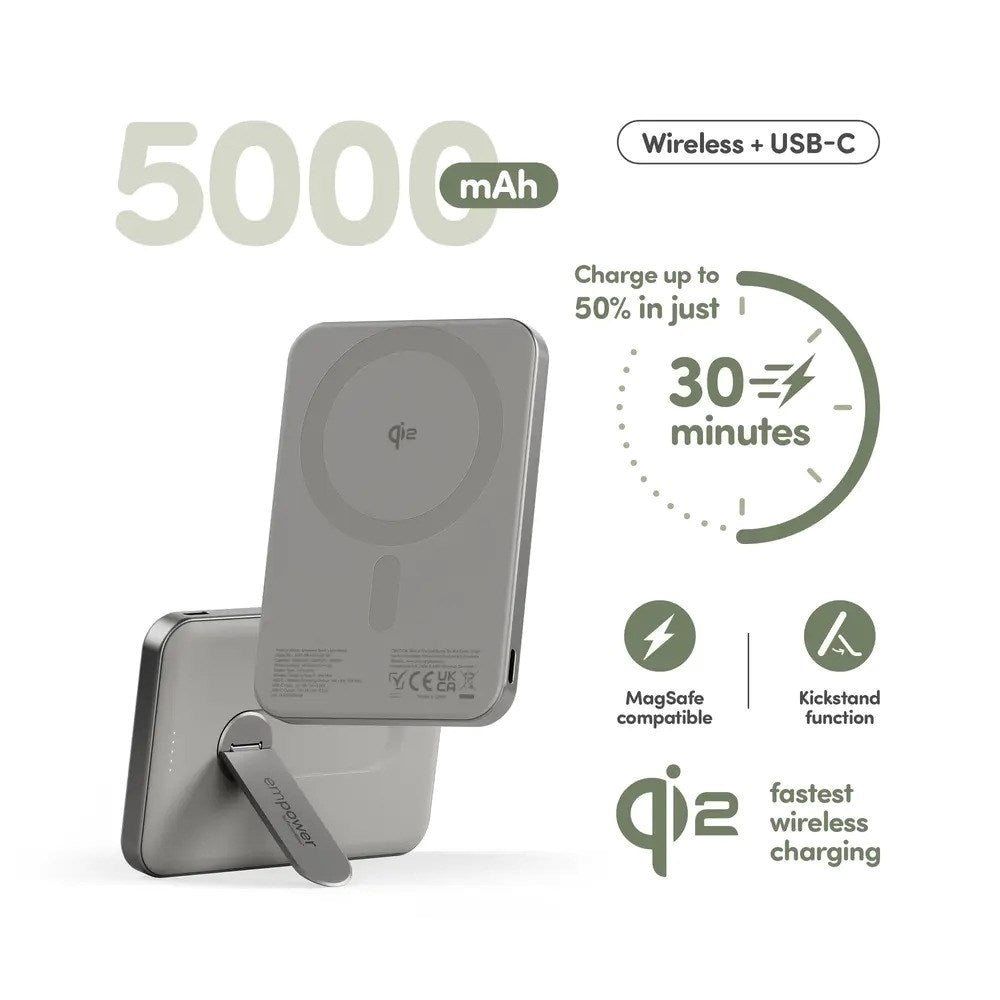 empower by PanzerGlass empower Bank m. Spin Stand - 5000 mAh - Qi2 / MagSafe Kompatibel - Titanium