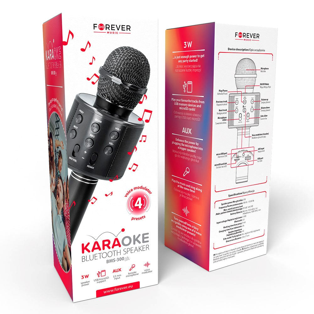 Forever BMS-300 Bluetooth Karaoke Microphone m. Högtalare - Svart