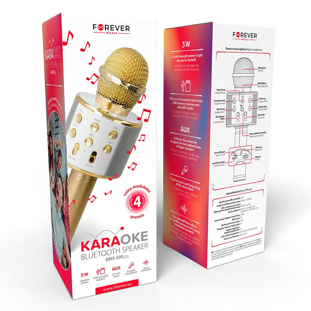 Forever BMS-300 Bluetooth Karaoke Microphone m. Högtalare - Guld