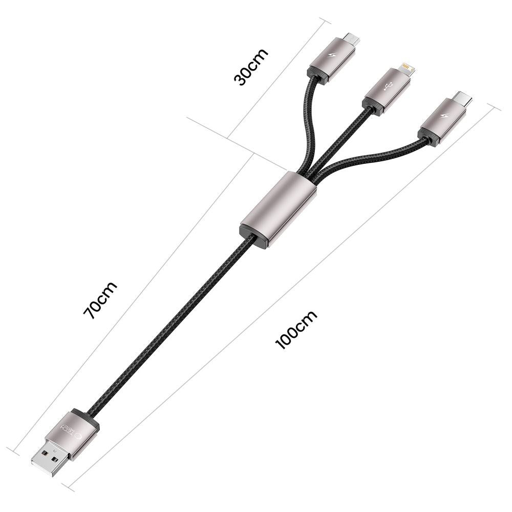 Tech-Protect Ultraboost 3-in-1 Lightning / USB-C / Micro-USB 3.5A-Kabel - 1 m - Grå