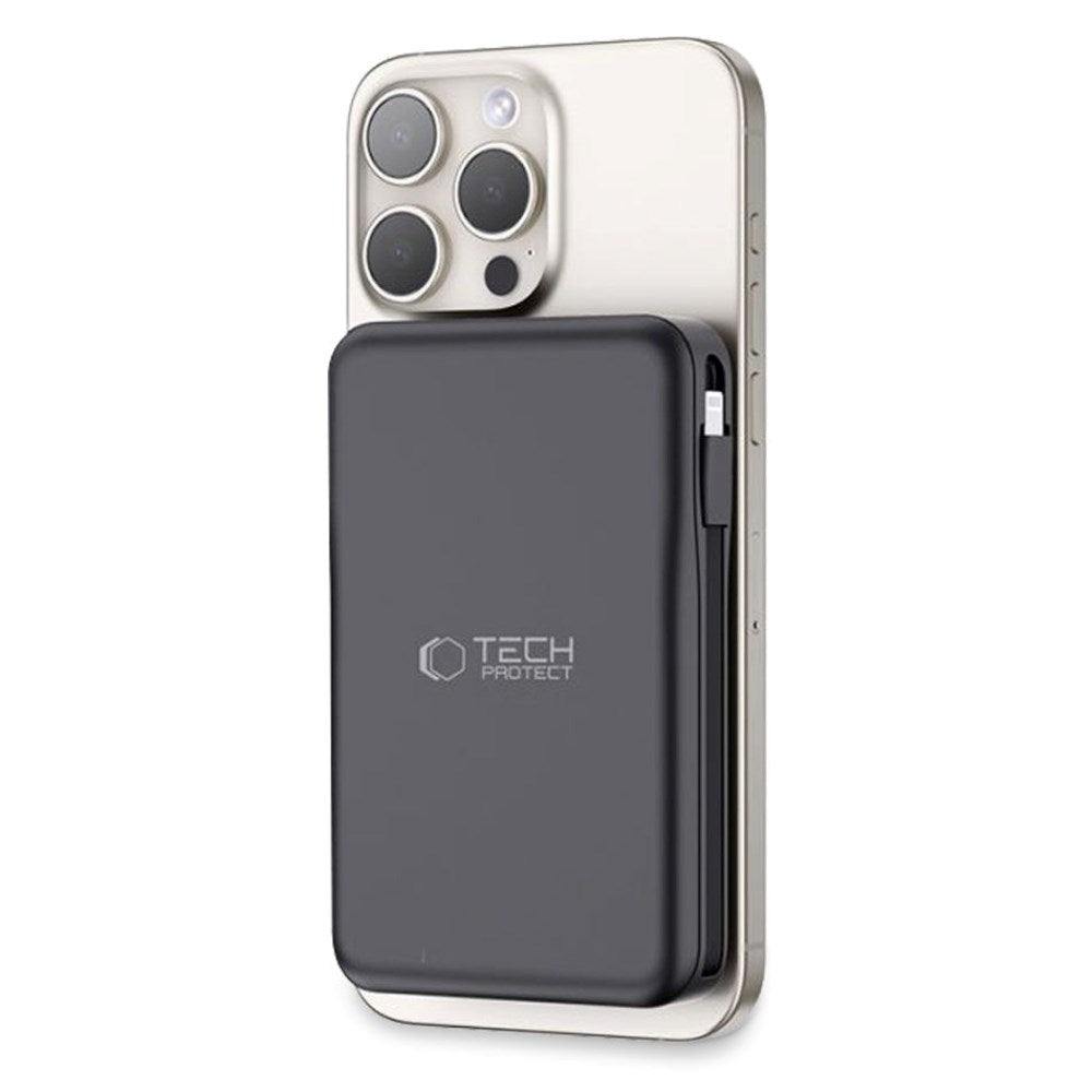 Tech-Protect LifeMag 10 000 mAh PowerBank med Integrerad USB-C och Lightning Kabel & USB-A och USB-C Plugg - MagSafe Kompatibel - Svart