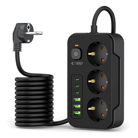 Tech-Protect Multifunktionell Grenuttag med 3 x Uttag / 3 x USB-A / 3 x USB-C - 2m - Svart