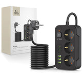 Tech-Protect Multifunktionell Grenuttag med 3 x Uttag / 3 x USB-A / 3 x USB-C - 2m - Svart