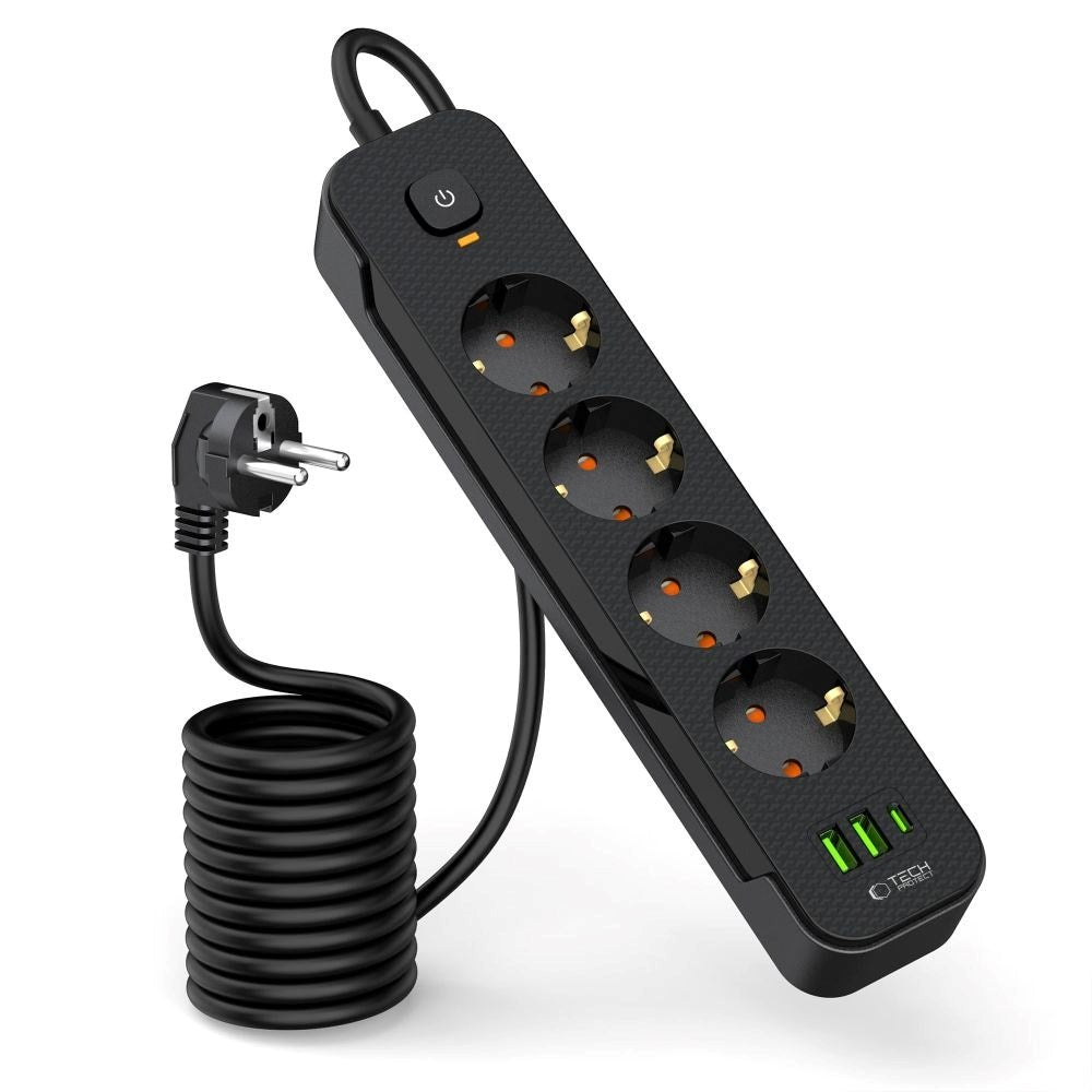 Tech-Protect Multifunktionell Grenuttag med 4 x Uttag / 2 x USB-A / 1 x USB-C - 2m - Svart