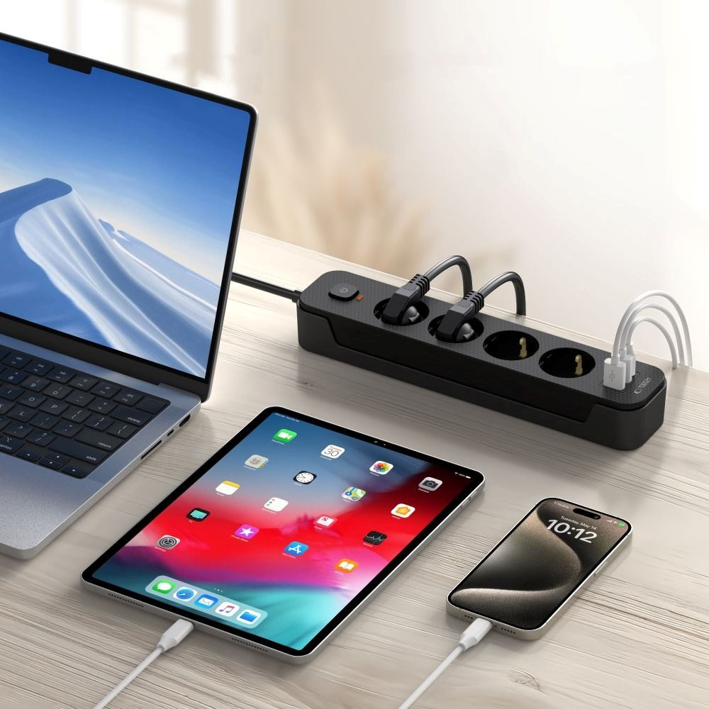 Tech-Protect Multifunktionell Grenuttag med 4 x Uttag / 2 x USB-A / 1 x USB-C - 2m - Svart