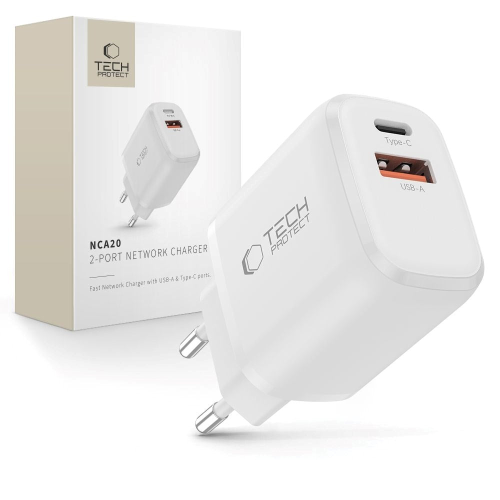 Tech-Protect NCA20 Väggladdare med 20W - 1 x USB-A & 1 x USB-C - Vit