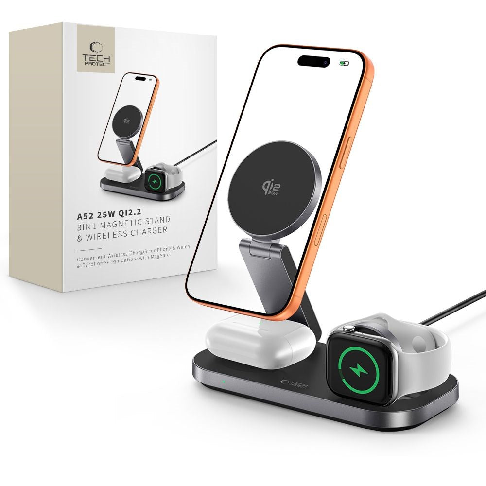 Tech-Protect A52 3-i-1 25W Trådlös Laddare till Smartphone + Smartklocka + Hörlurar - MagSafe / Qi2 Kompatibel - Mörkgrå