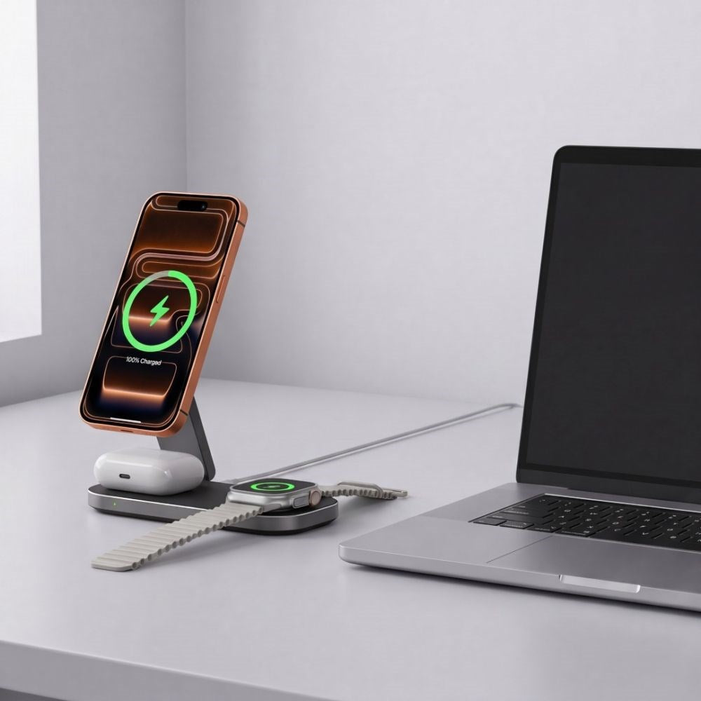 Tech-Protect A52 3-i-1 25W Trådlös Laddare till Smartphone + Smartklocka + Hörlurar - MagSafe / Qi2 Kompatibel - Mörkgrå