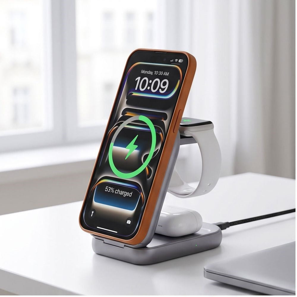 Tech-Protect A53 3-i-1 25W Trådlös Laddare: Smartphone & Smartklocka & Hörlurar - MagSafe / Qi2 Kompatibel - Mörkgrå