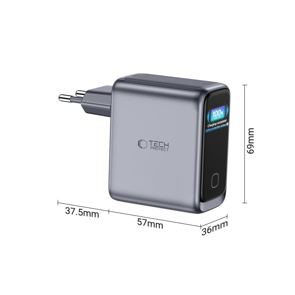 3-i-1 Väggladdare 100W m. 1x USB-A och 2x USB-C Tech-Protect PowerVision NC100W-GaN - Grå