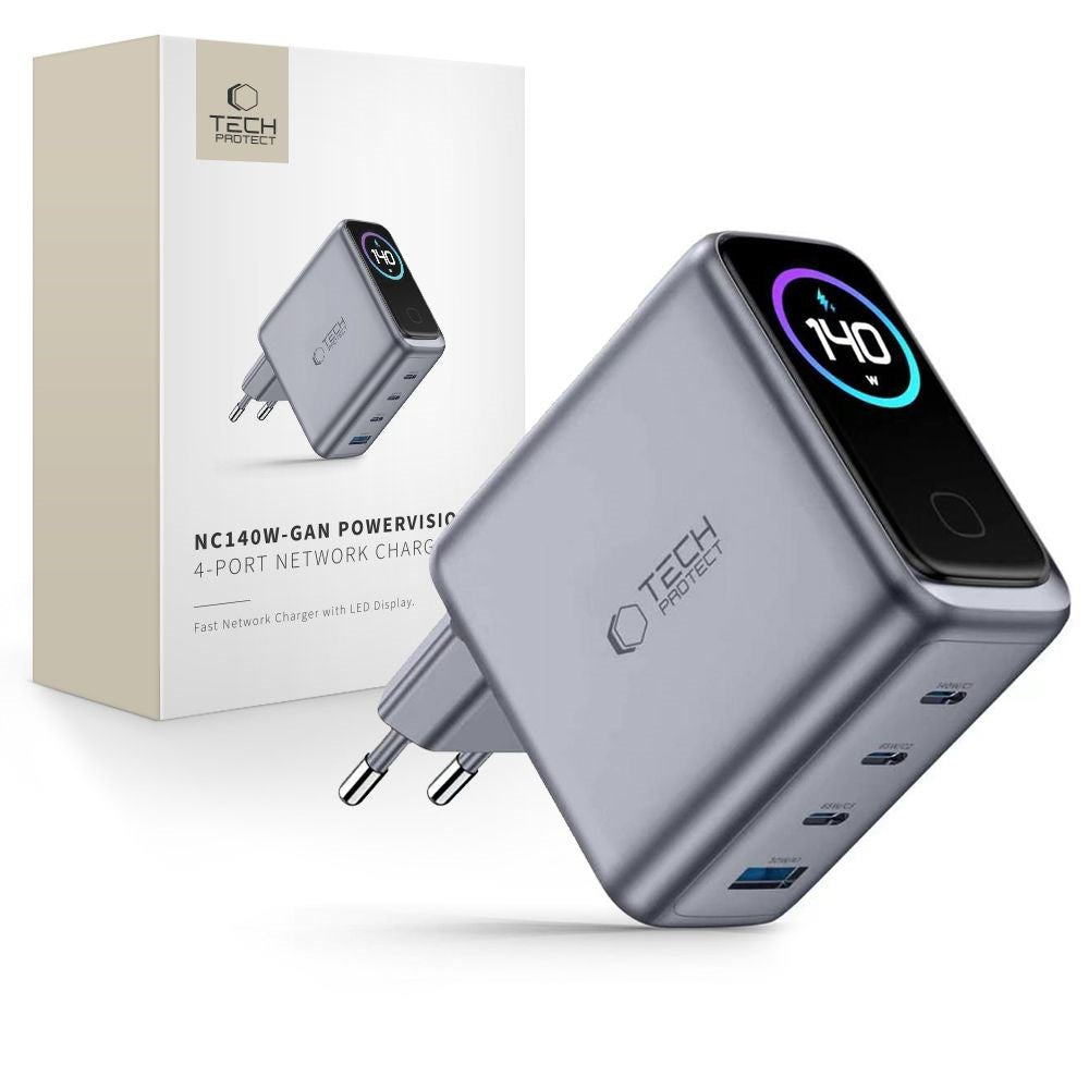 4-i-1 Väggladdare 140W m. 1x USB-A och 3x USB-C Tech-Protect PowerVision NC140W-GaN - Grå
