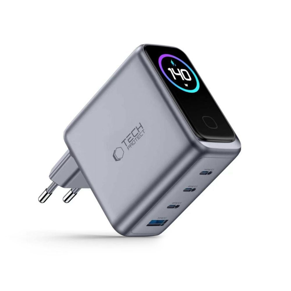 4-i-1 Väggladdare 140W m. 1x USB-A och 3x USB-C Tech-Protect PowerVision NC140W-GaN - Grå