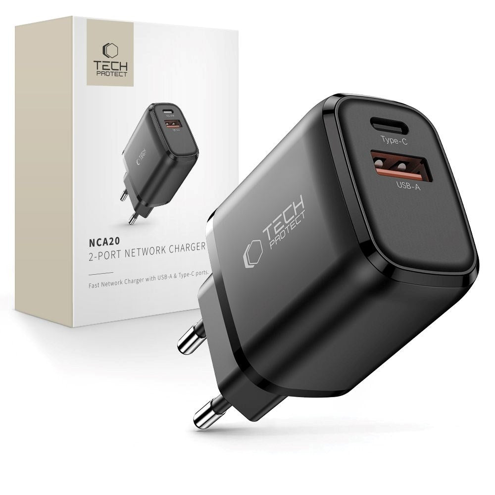 Tech-Protect NCA20 Väggladdare med 20W - 1 x USB-A & 1 x USB-C - Svart