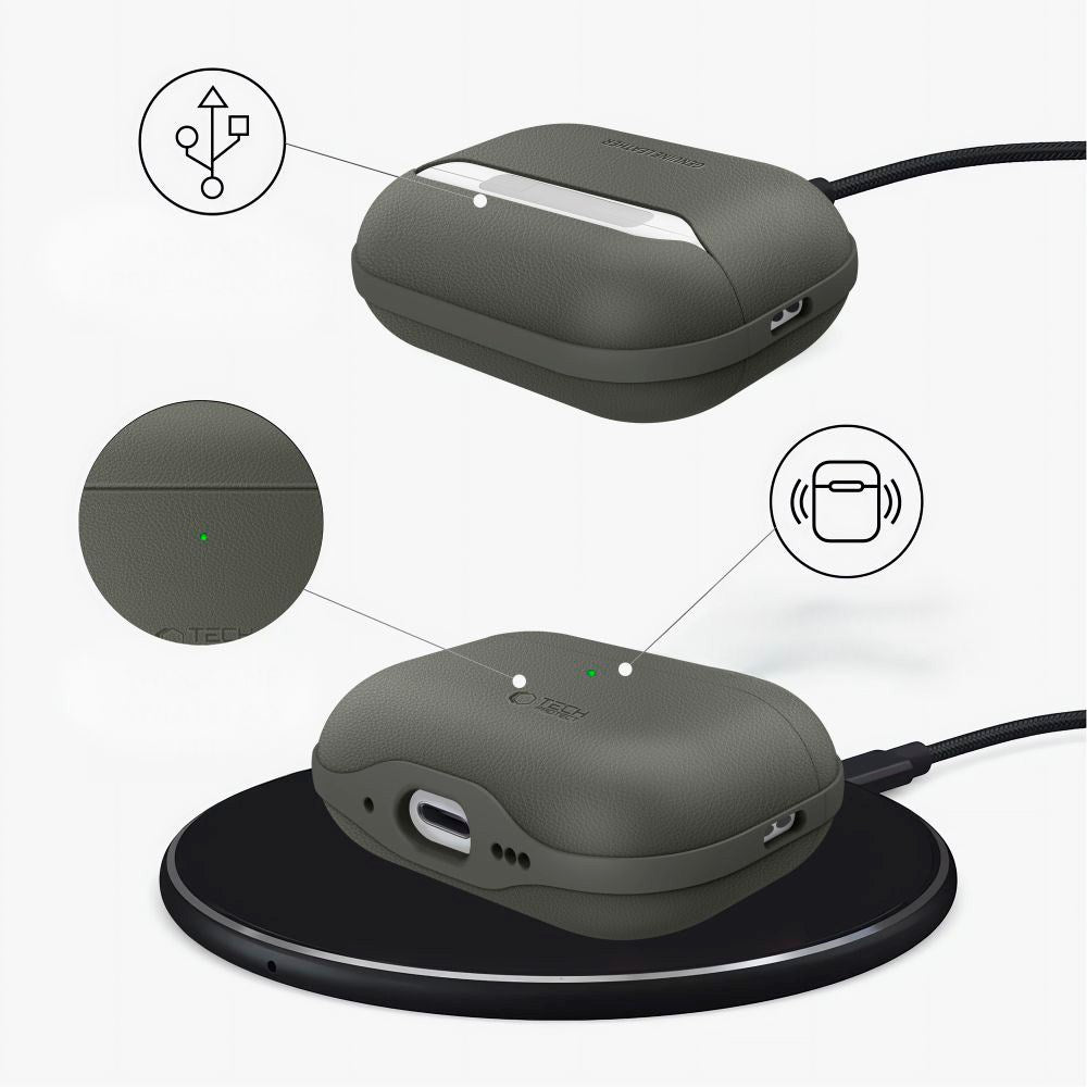 Apple AirPods Pro (3. gen.) Tech-Protect NaturalFit Konstläder Skal m. Rem - Grön