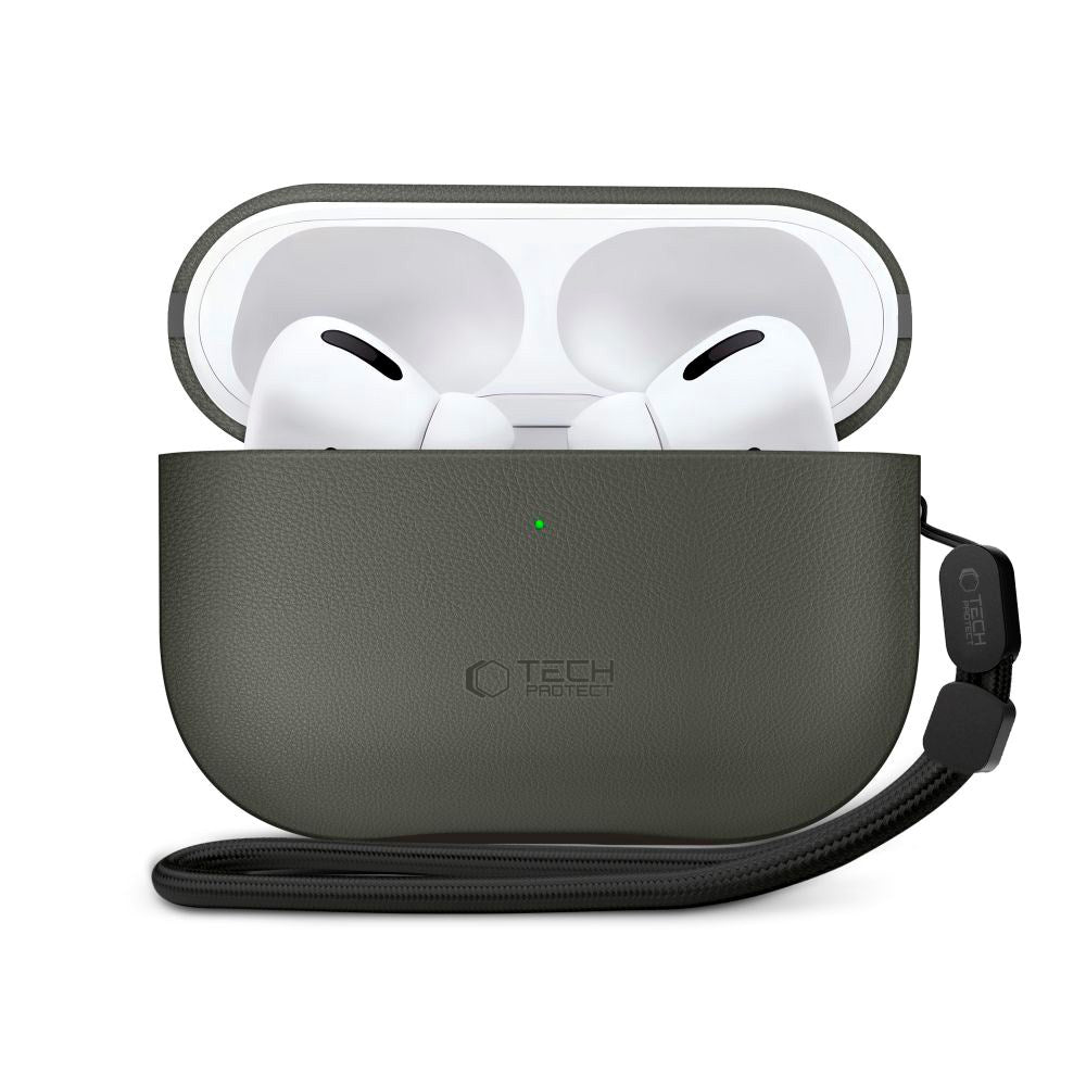 Apple AirPods Pro (3. gen.) Tech-Protect NaturalFit Konstläder Skal m. Rem - Grön