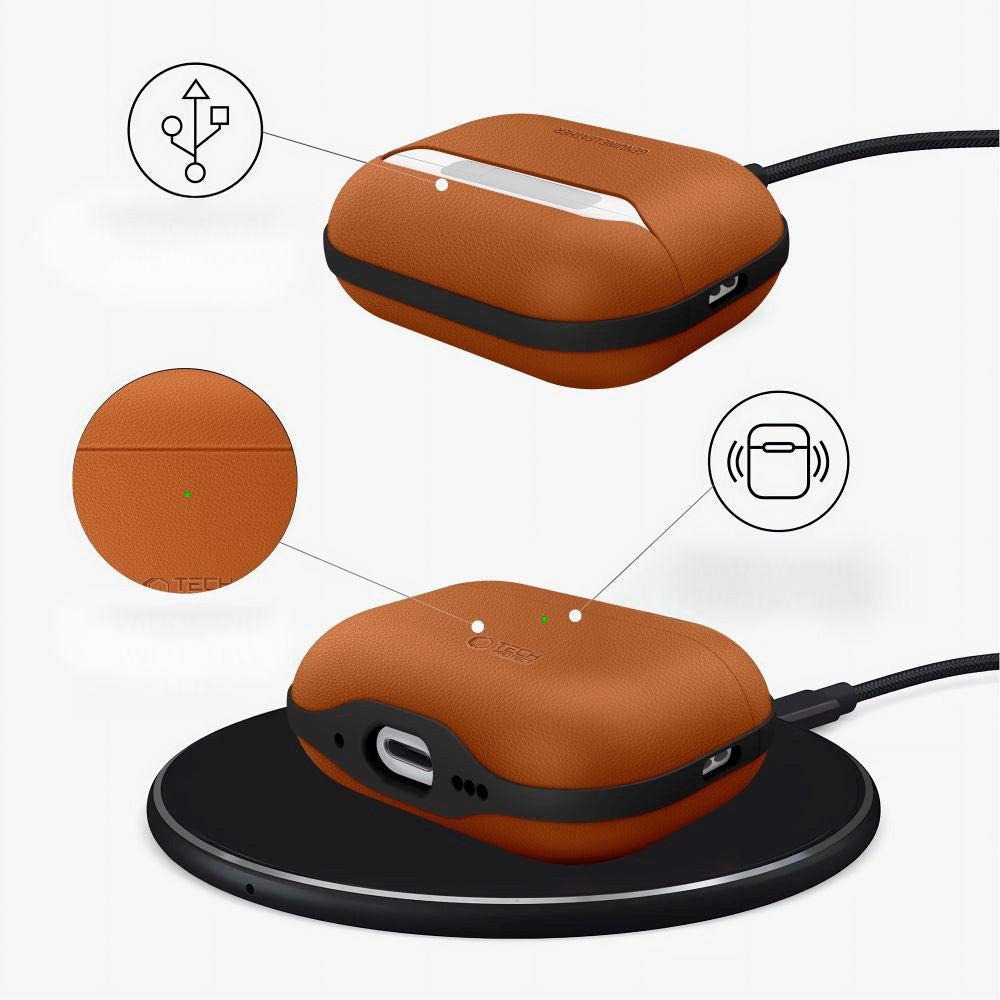 Apple AirPods Pro (3. gen.) Tech-Protect NaturalFit Konstläder Skal m. Rem - Brun
