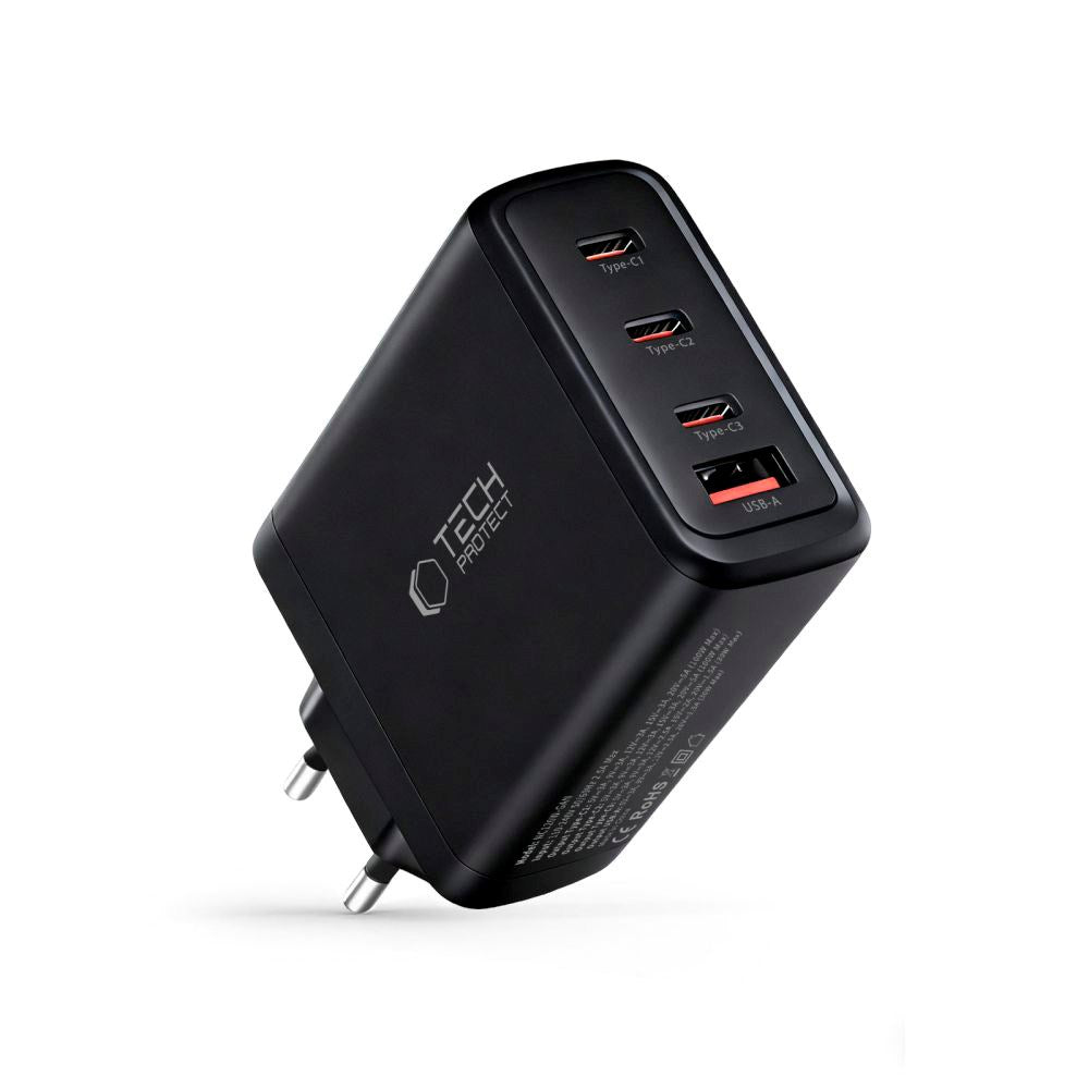 Tech-Protect 120W GaN Väggladdare m. 1 x USB-A & 3 x USB-C – Svart