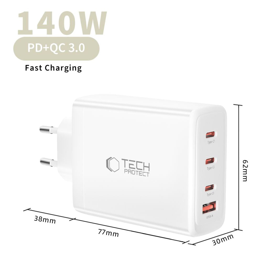 Tech-Protect 140W GaN Väggladdare m. 1 x USB-A & 3 x USB-C – Vit