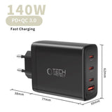 Tech-Protect 140W GaN Väggladdare m. 1 x USB-A & 3 x USB-C – Svart