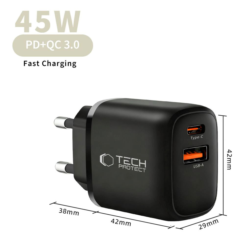 Tech-Protect 45W Väggladdare m. 1 x USB-C & 1 x USB-A - Svart