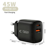 Tech-Protect 45W GaN Väggladdare m. 1 x USB-A / 1 x USB-C / 1 x USB-C till USB-C Kabel – Svart