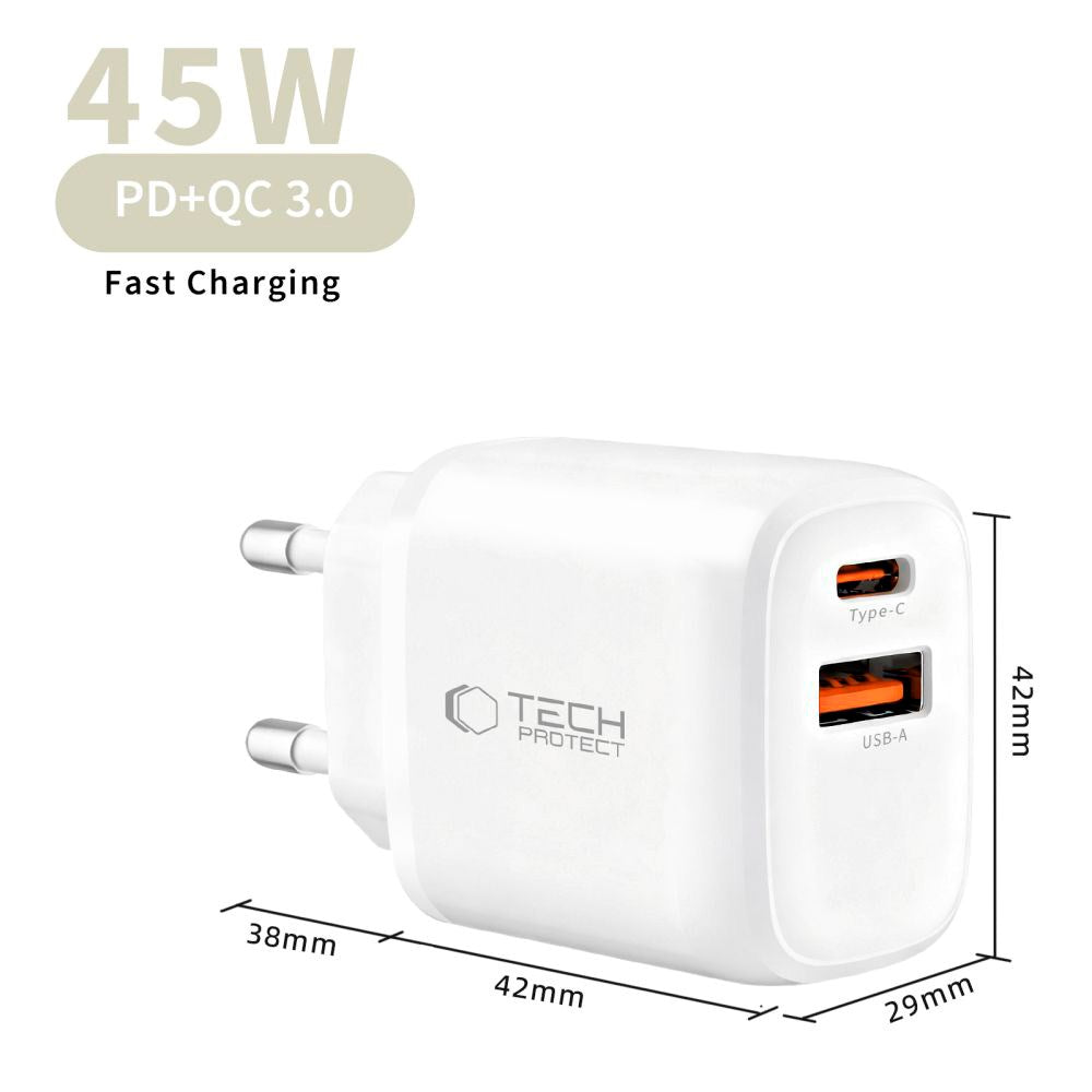 Tech-Protect 45W Väggladdare m. Lightning Kabel - 1 x USB-C & 1 x USB-A - Vit