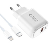 Tech-Protect 45W Väggladdare m. Lightning Kabel - 1 x USB-C & 1 x USB-A - Vit