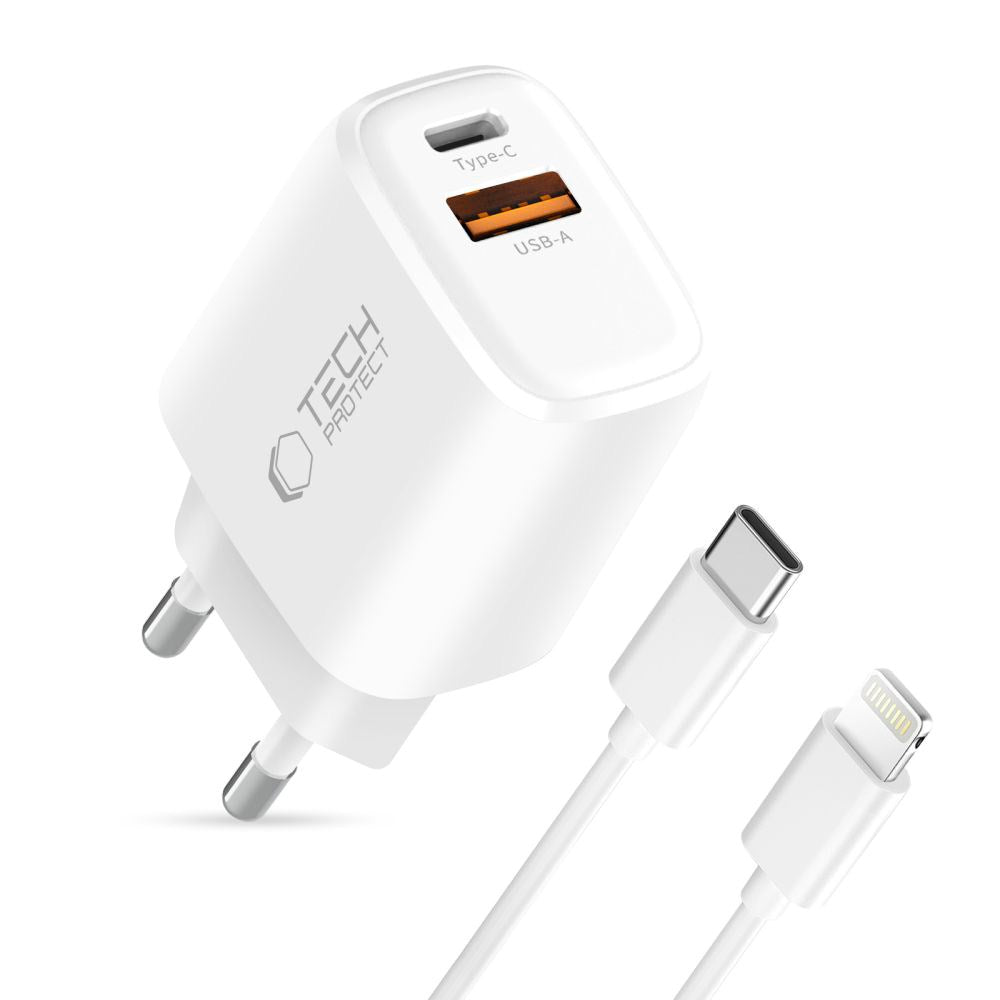 Tech-Protect 45W Väggladdare m. Lightning Kabel - 1 x USB-C & 1 x USB-A - Vit