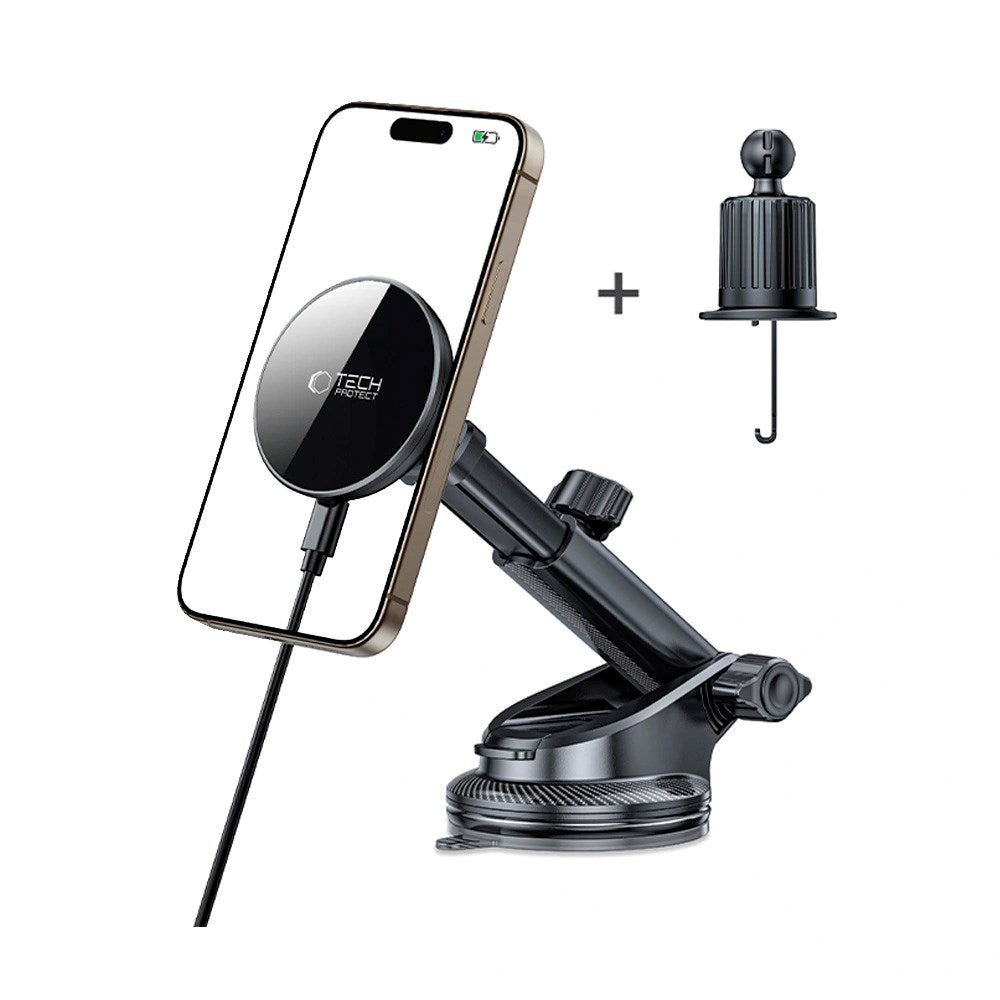 Tech-Protect 15W Magnetisk Trådlös Billaddare - Instrumentbräda & Ventilationsfäste - MagSafe Kompatibel - Svart
