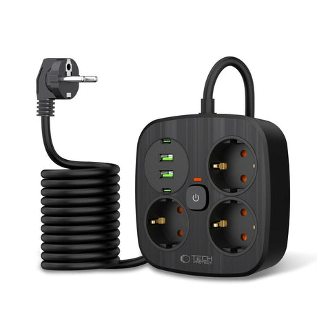 Tech-Protect Multifunktionell Grenuttag med 3 x Uttag / 2 x USB-A / 2 x USB-C - 2m - Svart