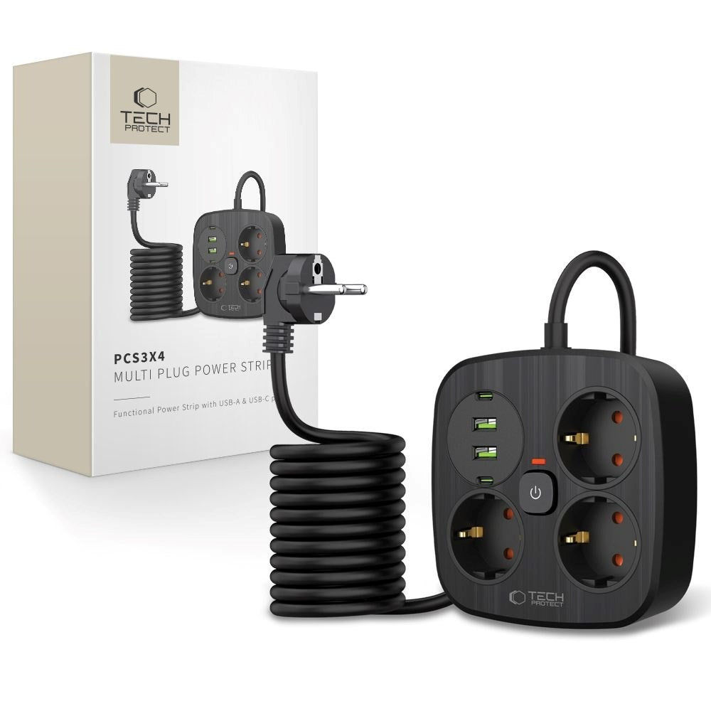 Tech-Protect Multifunktionell Grenuttag med 3 x Uttag / 2 x USB-A / 2 x USB-C - 2m - Svart