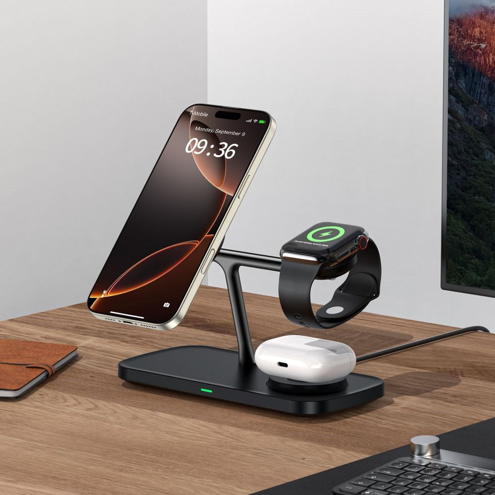 Tech-Protect 15W 3-i-1 Magnetisk Trådlös Laddare - Qi2 / MagSafe Kompatibel - Svart