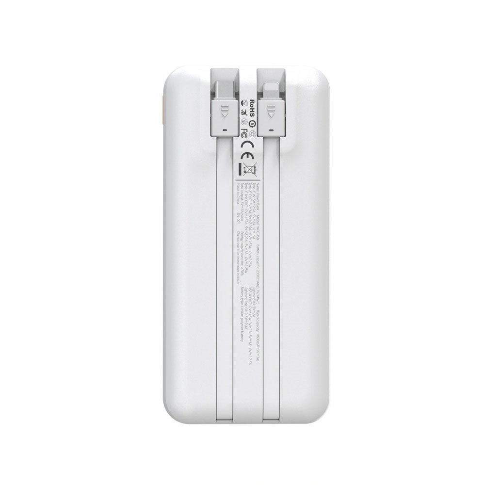 Wozinsky 20 000 mAh Powerbank med Inbyggd USB-C & Lightning-Kabel - Vit