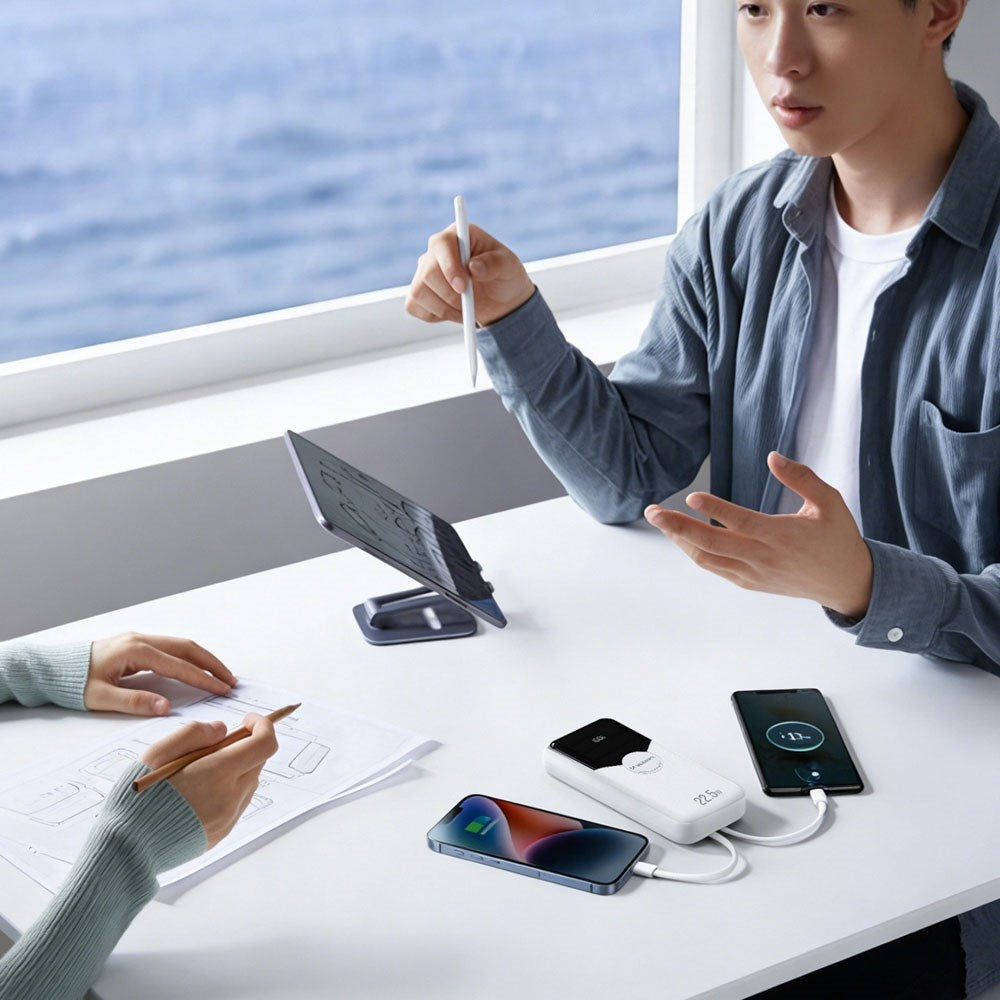 Wozinsky 20 000 mAh Powerbank med Inbyggd USB-C & Lightning-Kabel - Vit