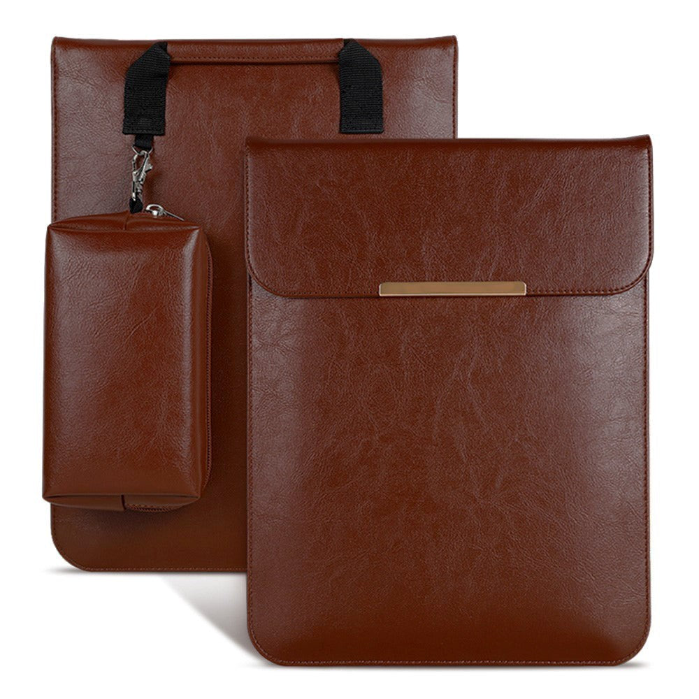 Macbook 13-14" Kunstlæder Sleeve til MacBook m. Lille Taske (33 x 25 cm) - Mørkebrun