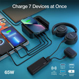 Naztech Dockningsstation 65W med Trådlös laddare, 3 x USB-A, 1 x USB-C, 1 x 4000mAh Powerbank & 20W Väggladdare - Svart