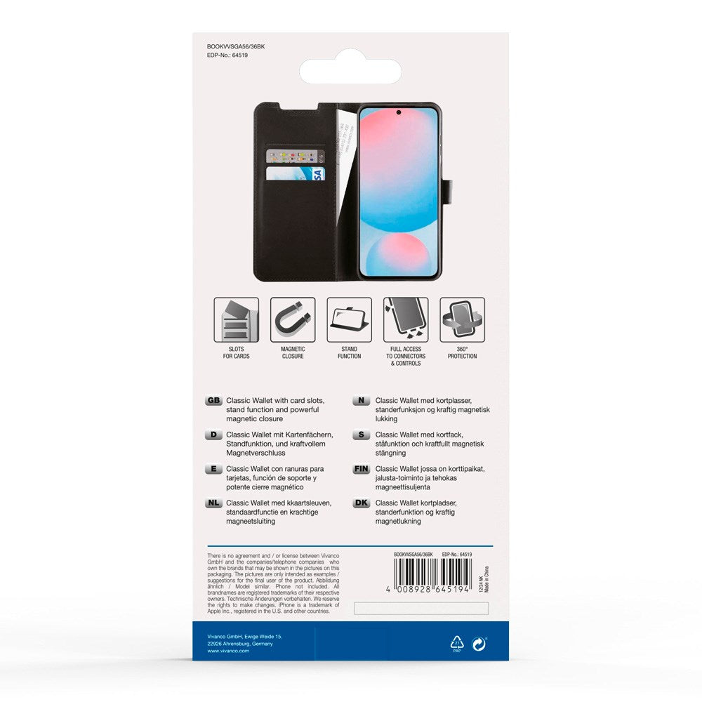 Samsung Galaxy A56 (5G) / A36 (5G) - Vivanco Classic Wallet Flip Fodral m. Ficka - Svart
