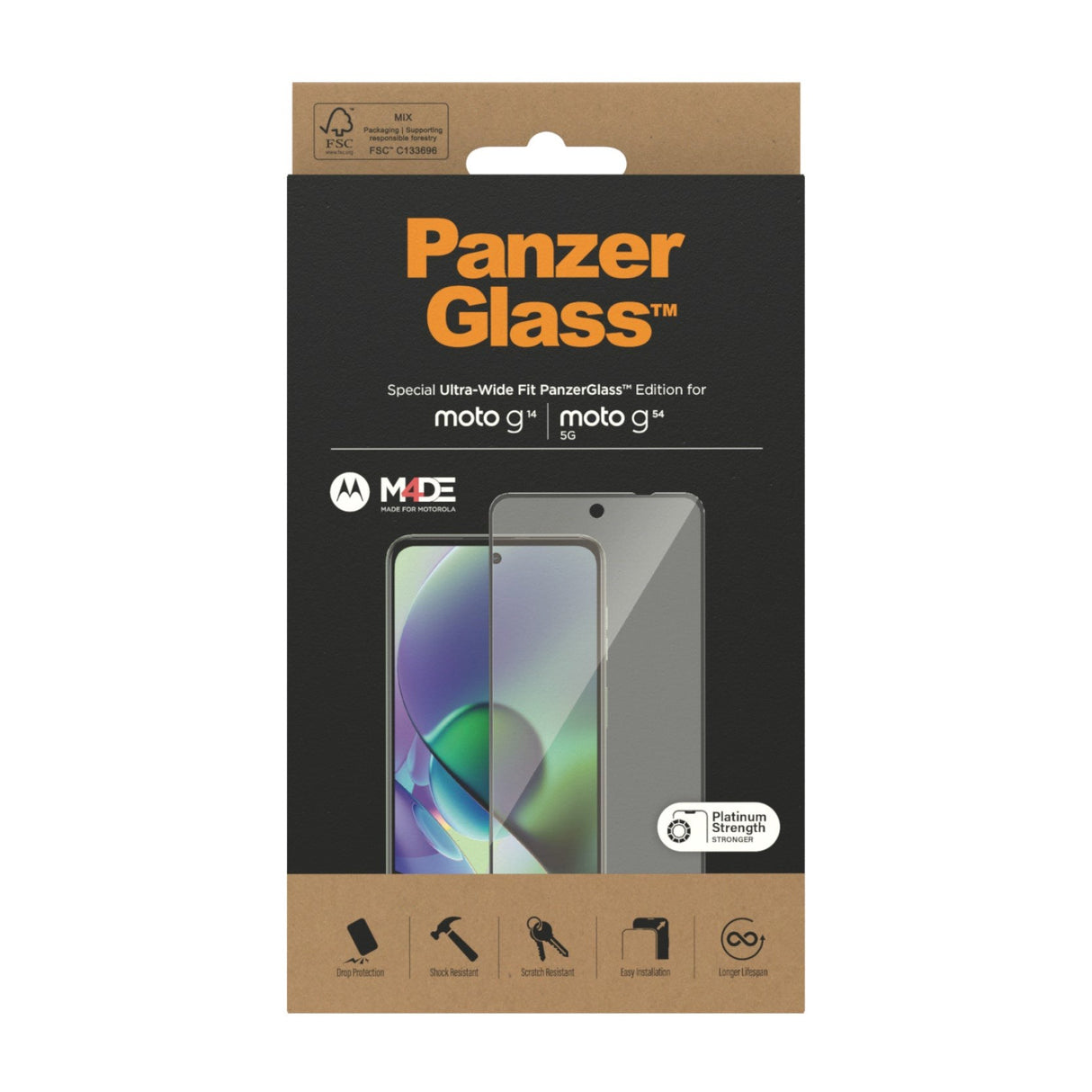 Motorola Moto G14 / G54 PanzerGlass Ultra Wide Fit Skärmskyddsglas - Platinum Strength - Svart Kant