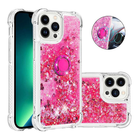 iPhone 14 Pro Skal - Dynamiskt Glitter med Stjärnor och Hjärtan - Transparent / Neonrosa