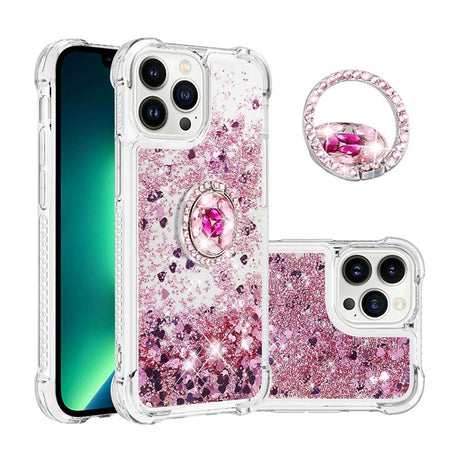 iPhone 14 Pro Skal - Dynamiskt Glitter med Hjärtan - Transparent / Rosa