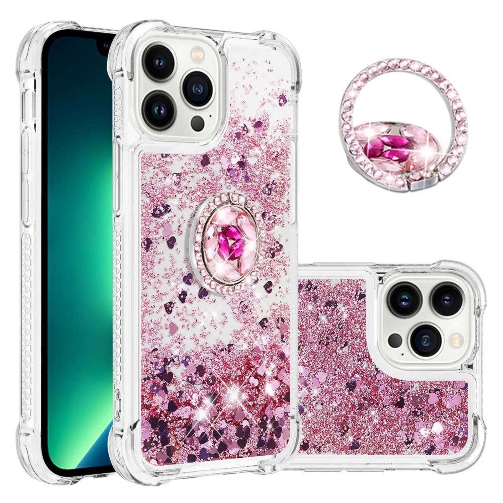 iPhone 14 Pro Max Skal - Dynamiskt Glitter med Hjärtan - Transparent / Rosa