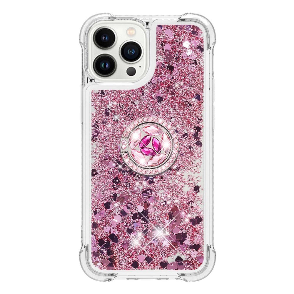 iPhone 14 Pro Max Skal - Dynamiskt Glitter med Hjärtan - Transparent / Rosa